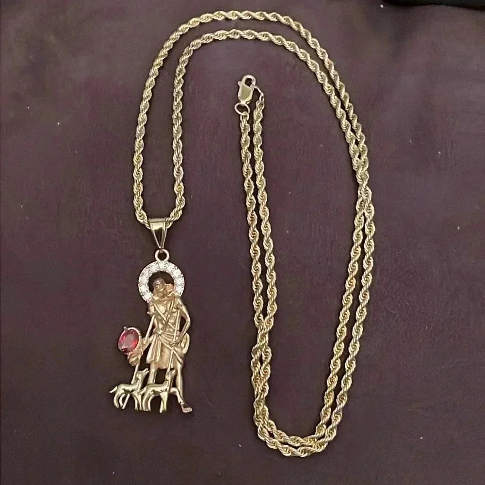 Gold Bonded Saint Lazarus Pendant with 14k Gold filled Rope Chain - Picture 2 of 5